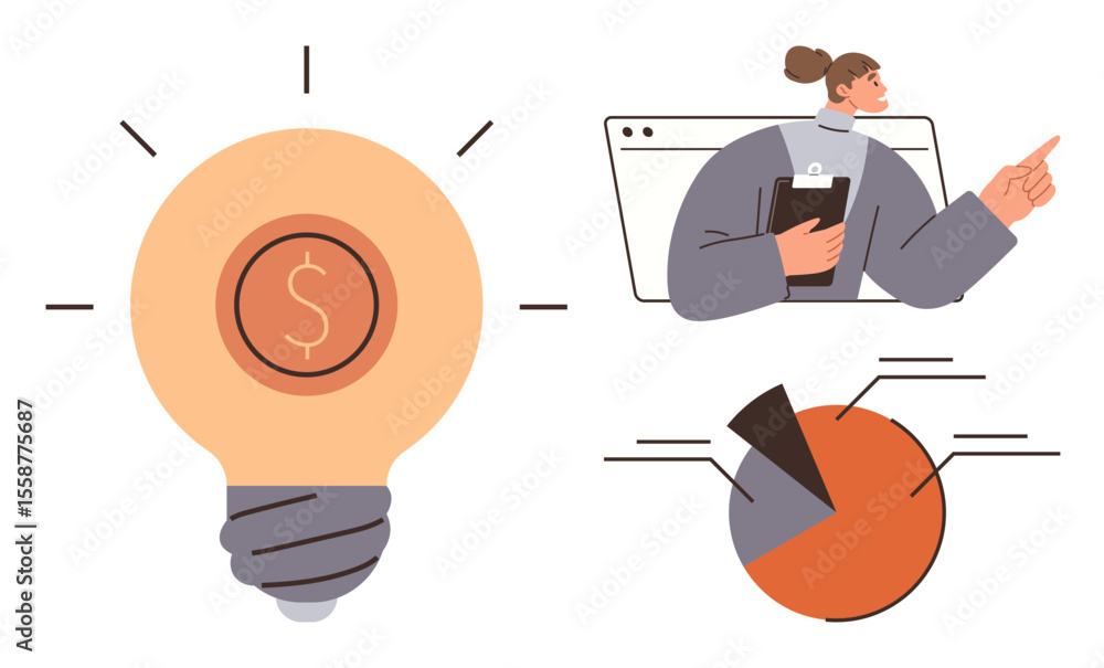 Poster light bulb with dollar sign, professional analyzing data, pointing towards charts. ideal for entrepr
