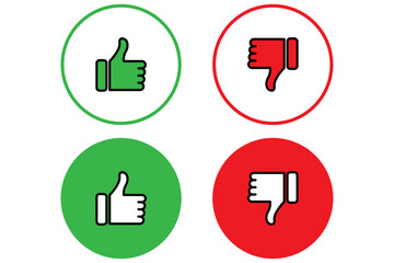 Thumbs up in green and thumbs down in red icons set with circle shape. Like and dislike vector collection on white background.
