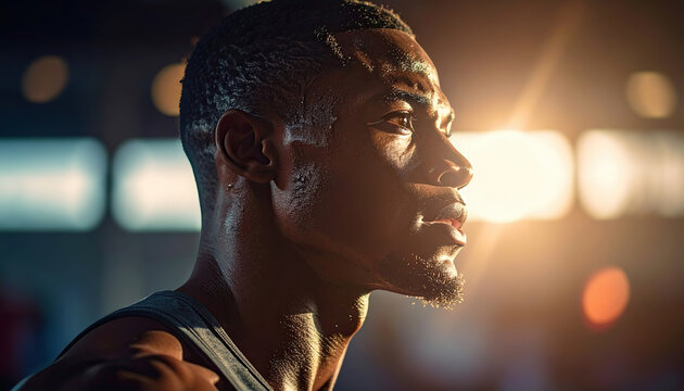 Focused african male athlete in mid-workout at sunset