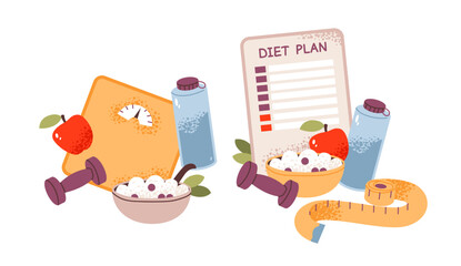 Flat vector illustration of a balanced diet plan with healthy food, scales. Nutrition, healthcare, and detox concepts. Flat vector illustration.
