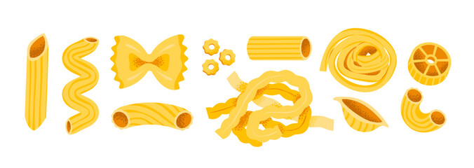 Assorted Italian pasta types including spaghetti, ravioli, and fusilli. Ideal for menu, nutrition, and gourmet, restaurant, cooking. Flat vector illustration.