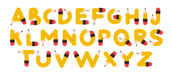 Fototapeta premium Playful school font made from cheerful pencils. A fun and colorful alphabet illustration in pencil style. Perfect for educational materials, kids' designs, and creative alphabet layouts