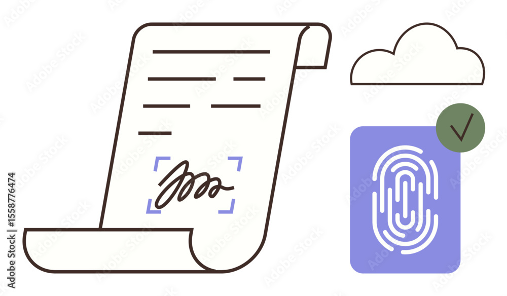 Aufkleber scroll-style document with signature, biometric fingerprint in blue with checkmark, and cloud. ideal