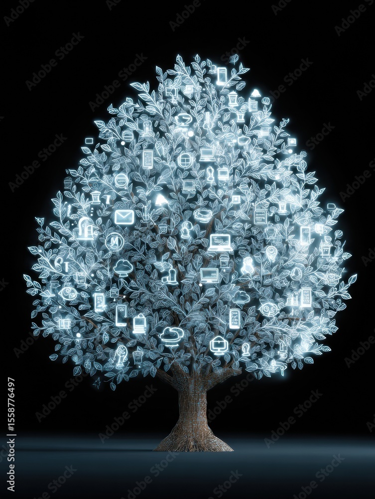 Poster Knowledge Tree With Glowing Icon-Shaped Leaves Showcasing Digital Themes and Technology