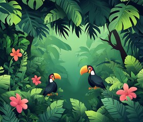 Fototapeta premium A cartoon jungle background with a tropical rainforest theme, featuring lush green foliage and exotic birds