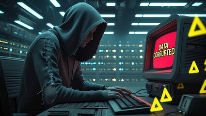 A young male hacker in a hoodie works intensely on an outdated computer, facing a corrupted data warning in a dimly lit server room.