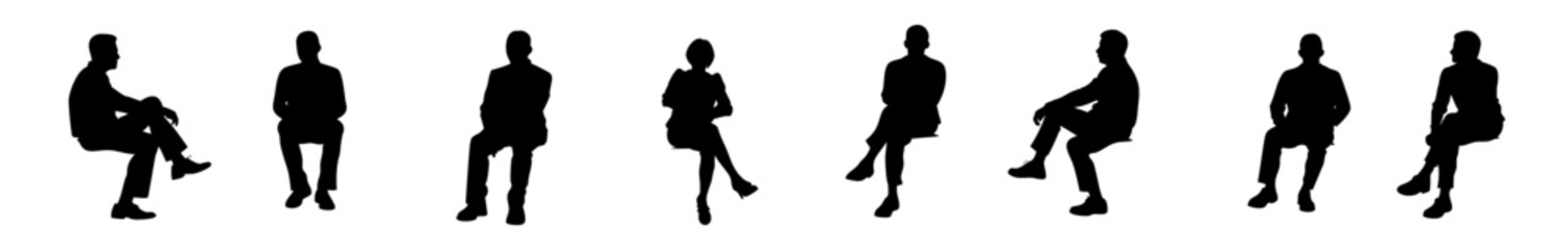 Men and women sitting silhouettes on chair and bench, business team vector, transparent PNG
