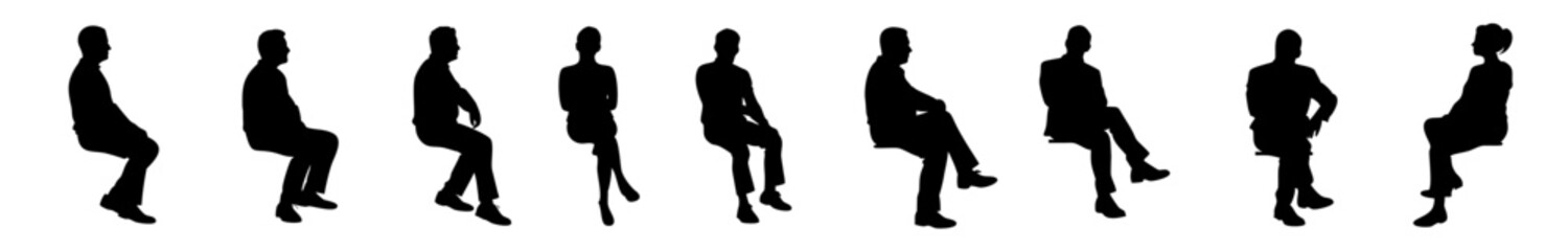 Business group sitting silhouette vector with men and women on bench, profile, PNG
