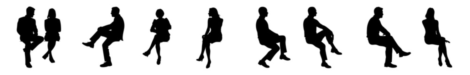 Sitting business people silhouette vector isolated on transparent background, profile view
