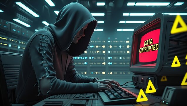 A young male hacker in a hoodie works intensely on an outdated computer, facing a corrupted data warning in a dimly lit server room.