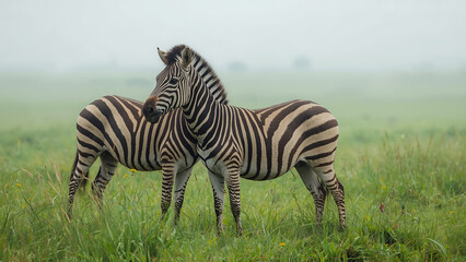 Fototapeta premium Nature Photograph Capturing Two Zebras Together Amidst a Peaceful Wilderness Scene