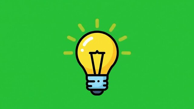 Animated light bulb with radiant light on a bright green background