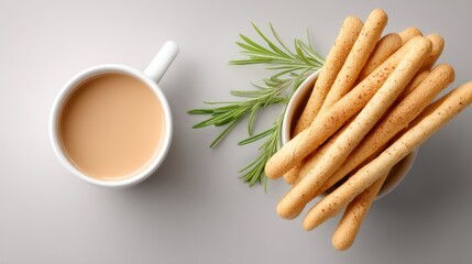 Cup of creamy coffee with light brown color and bowl of crispy breadsticks with herbs on a clean light gray surface minimaic breakfast or snack concept