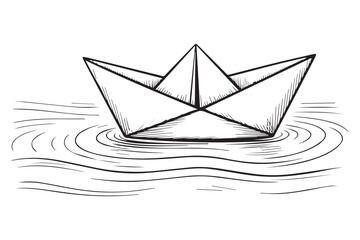 Black and white line drawing of a paper boat floating on water origami waves
