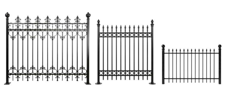 ser of metal fence sections on a transparent background