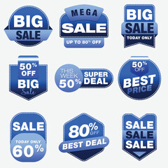 Set of Blue Marketing Sale Tags with Discount Offers and Promotions featuring various discounts, percentages, and best deals perfect for advertising sales, discounts, and special promotions.
