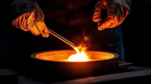 Gloved hand protective gear worker molten metal fire industrial close up Gloved hand protective