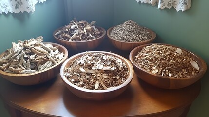 Fototapeta premium Assorted Dried Herbs and Wood Chips in Bowls