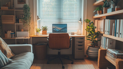 A cozy home office setup with a comfortable desk, ergonomic chair, laptop, and light-colored walls, creating a relaxing workspace. —ar 16:9 