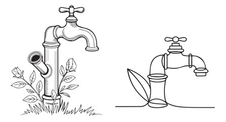 Black and white line drawing of vintage taps with plants faucet plumbing