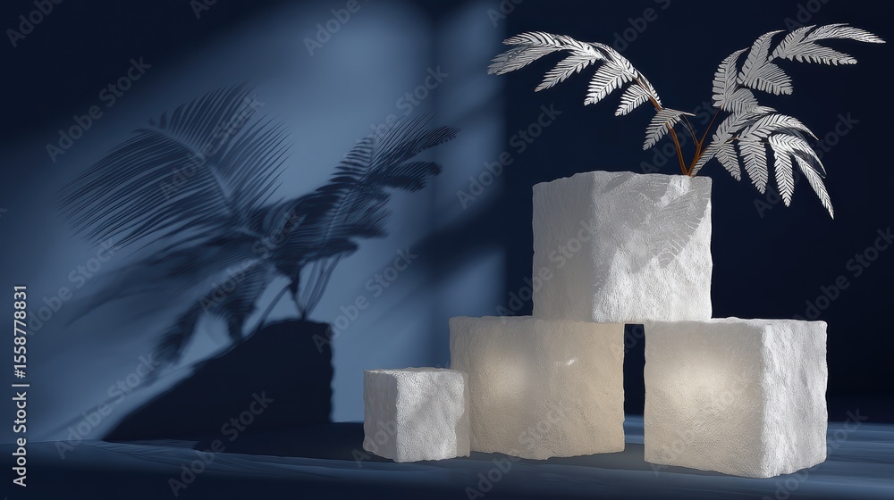 Poster white textured cubes with delicate white leaves arranged on top casting shadows on deep blue backgro