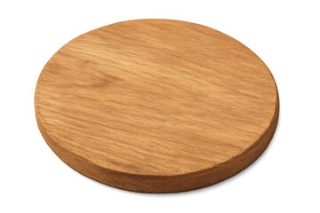 Overhead view of light brown round wooden cutting board, showcasing natural wood grain against transparent background