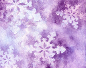 Watercolor painting of snowflakes with purple and blue colors.