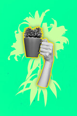 Creative composite sketch design artwork collage of hand gesture showing body language hold cup...