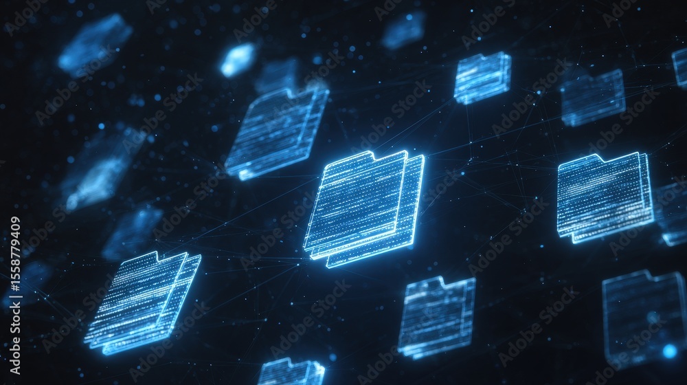 Poster abstract network grid with files and folders, futuristic software interface, digital document manage