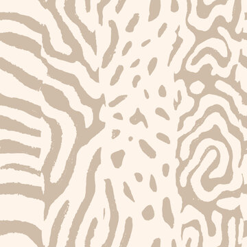 Modern animal print. Vector seamless pattern. Trendy background with mixed animal-inspired exotic textures, spots, stripes. Abstract safari wildlife fur skin background. Jaguar, leopard, zebra, snake