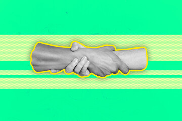 Composite sketch design artwork 3D photo collage of body language gesture showing two hand hold...