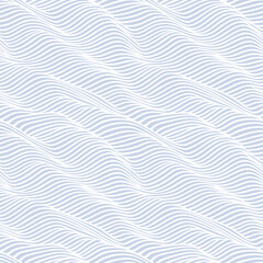 Obraz premium Abstract seamless pattern with liquid wavy lines, stripes, fluid shapes, waves. Vector blue and white background texture with distortion effect, illusion of movement, dynamic surface. Repeated design