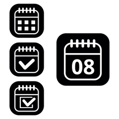 Vector illustration of collection of white calendar icons on black background with rounded ends for websites and graphic resources. Flat calendar icon with specific day marked, day 08.