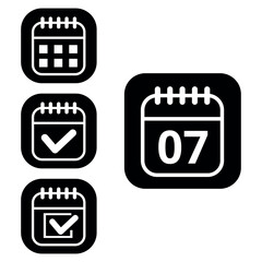 Vector illustration of collection of white calendar icons on black background with rounded ends for websites and graphic resources. Flat calendar icon with specific day marked, day 07.