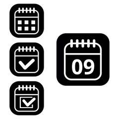Vector illustration of collection of white calendar icons on black background with rounded ends for websites and graphic resources. Flat calendar icon with specific day marked, day 09.