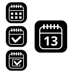 Vector illustration of collection of white calendar icons on black background with rounded ends for websites and graphic resources. Flat calendar icon with specific day marked, day 13.
