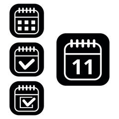 Vector illustration of collection of white calendar icons on black background with rounded ends for websites and graphic resources. Flat calendar icon with specific day marked, day 11.