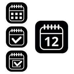 Vector illustration of collection of white calendar icons on black background with rounded ends for websites and graphic resources. Flat calendar icon with specific day marked, day 12.
