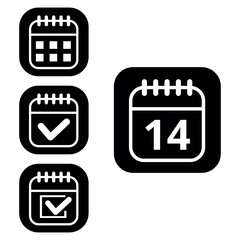 Vector illustration of collection of white calendar icons on black background with rounded ends for websites and graphic resources. Flat calendar icon with specific day marked, day 14.