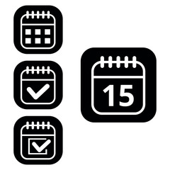 Vector illustration of collection of white calendar icons on black background with rounded ends for websites and graphic resources. Flat calendar icon with specific day marked, day 15.