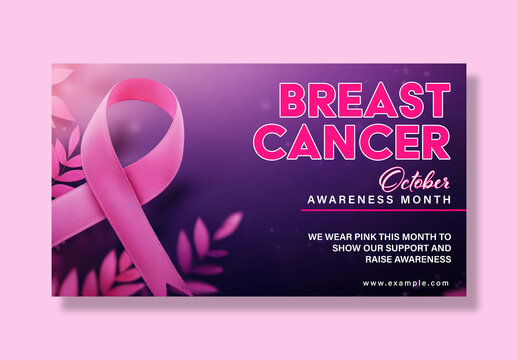 Editable Breast Cancer Awareness Month Web Banner Template &ndash; Soft Floral Background with Realistic Pink Ribbon