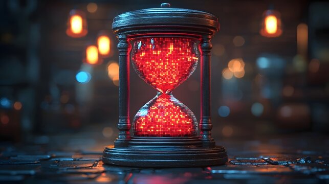 Pixel art hourglass icon on a retro arcade screen - Powered by Adobe