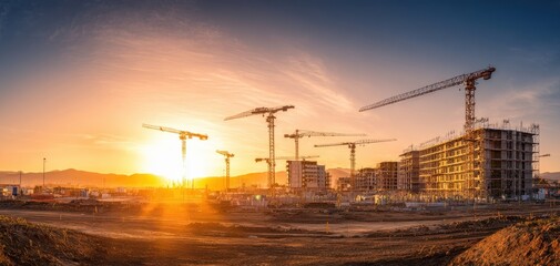 The construction site illuminated by a stunning sunset panorama over cranes.