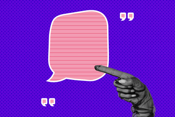 Banner full image art collage of hand show bubble communication icon speech conversation talk...