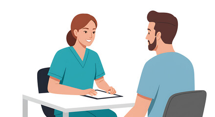 Nurse in Teal Scrubs Consults with Male Patient at Desk.