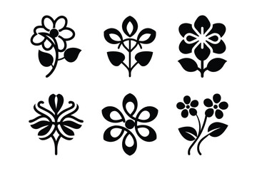 Fototapeta premium Six Stylish Black and White Floral Icons: Minimalist Botanical Vector Graphics for Branding, Design Projects, and Website Decoration; Simple, Elegant, and Modern Flower Illustrations.
