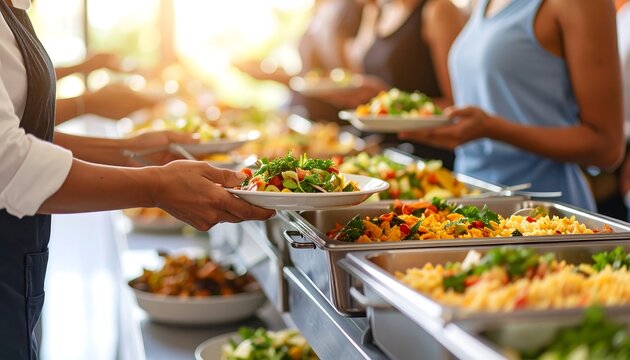 Buffet line with various salads and pasta dishes people serving themselves