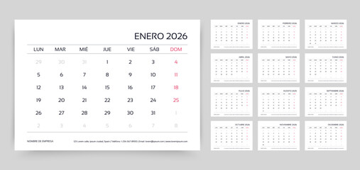 2026 Spanish calendar. Calender layout. Planner template with 12 month. Week starts Monday. Table schedule grid. Yearly stationery organizer. Horizontal monthly desk diary. Vector simple illustration