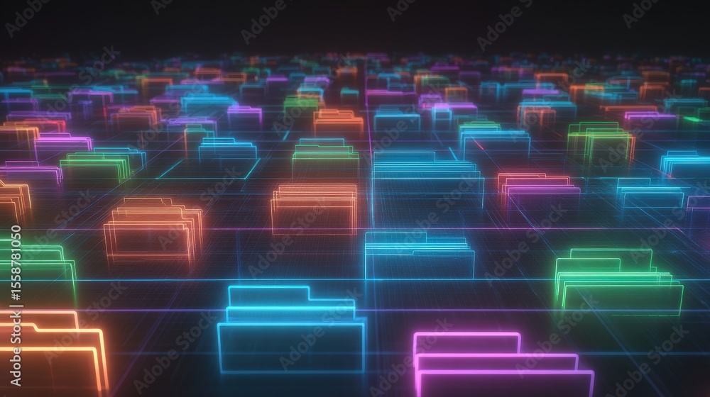 Poster abstract network grid with files and folders, futuristic software interface, digital document manage