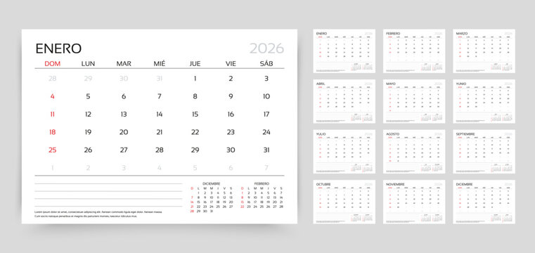 Calendar 2026 year. Spanish planner template. Week starts Sunday. Calender layout. Yearly corporate organizer. Desk schedule grid. Horizontal monthly diary with 12 month. Vector simple illustration